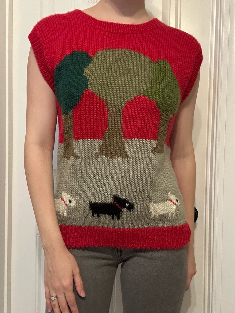 Vintage Sleeveless Sweater Top Knit Red Scottie Dog Animal Terrier Size Small